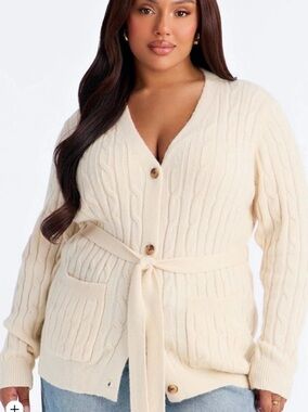 Belted Button Up Cardigan Cable Knit Cardigan in Cream NWT